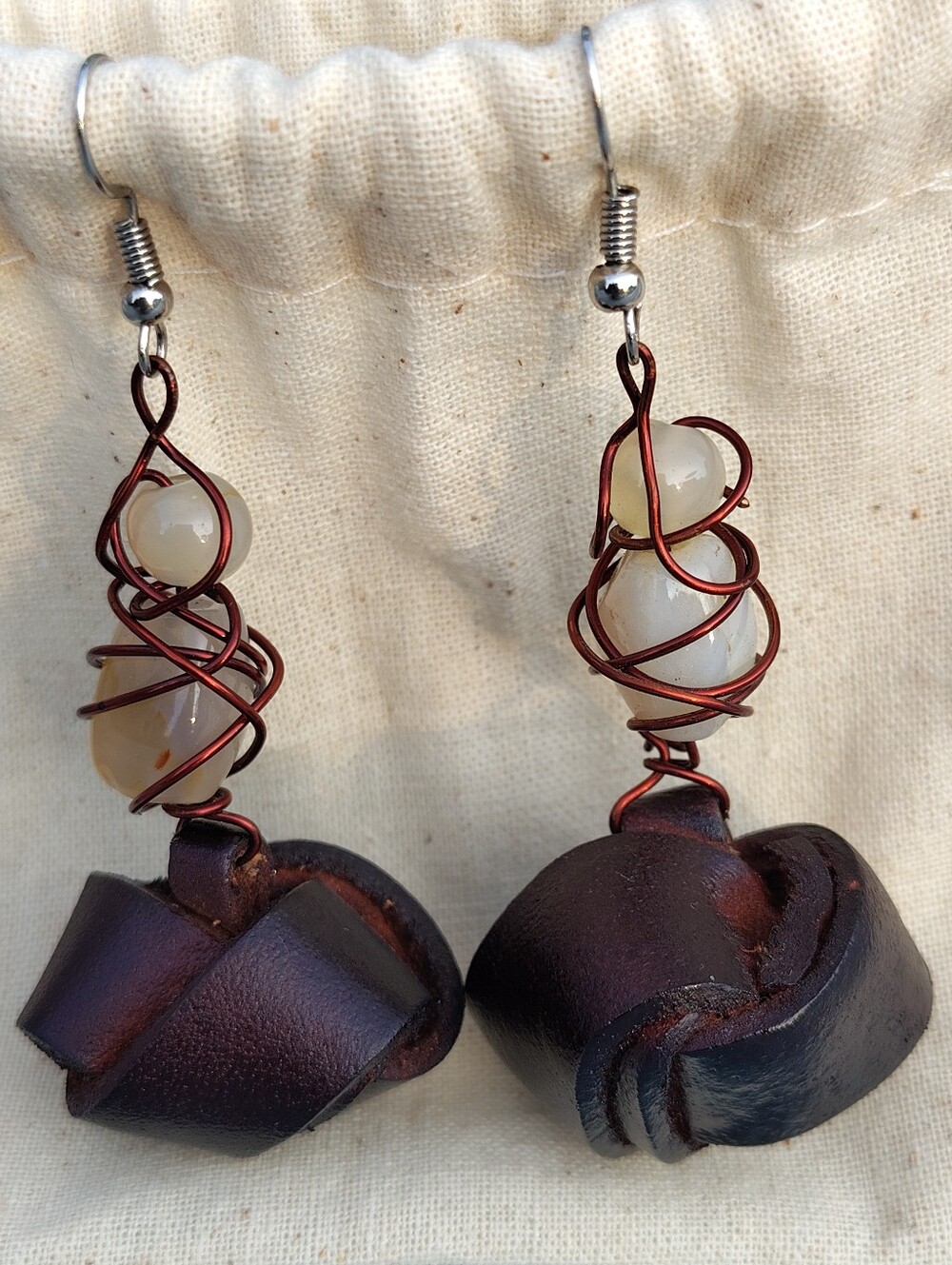 Handmade ONE by Neville Bean Vintage Bead and Leather Button Dangle Earrings